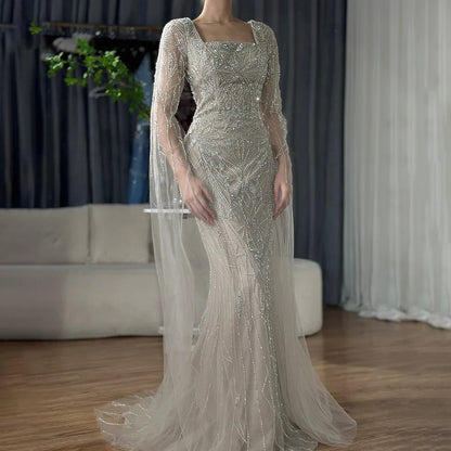 Luxury Dubai  Arabic Nued Cape Sleeves Mermaid Saudi Evening Dresses Beaded Luxury Party Gowns for Formal Occasion LA72261B