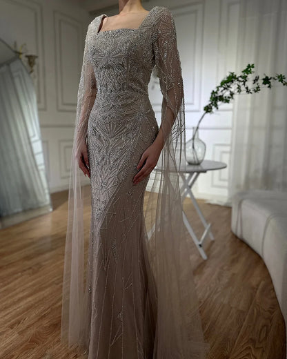 Luxury Dubai  Arabic Nued Cape Sleeves Mermaid Saudi Evening Dresses Beaded Luxury Party Gowns for Formal Occasion LA72261B