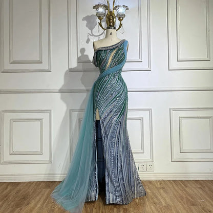 Luxury Dubai  Arabic One-Shoulder High Split Blue Mermaid Gown Luxury Beaded Saudi Evening Dress for Formal Occasion LA72718