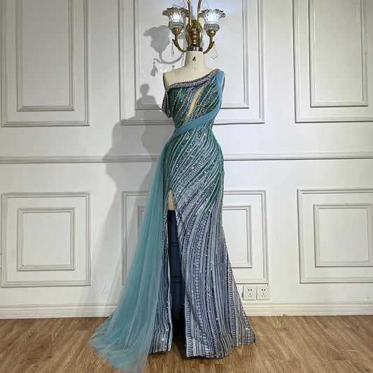 Luxury Dubai  Arabic One-Shoulder High Split Blue Mermaid Gown Luxury Beaded Saudi Evening Dress for Formal Occasion LA72718