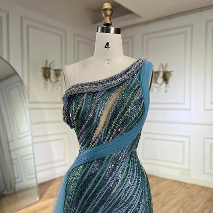 Luxury Dubai  Arabic One-Shoulder High Split Blue Mermaid Gown Luxury Beaded Saudi Evening Dress for Formal Occasion LA72718