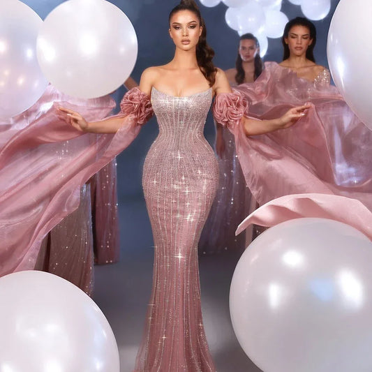 Luxury Pink Beaded Mermaid Evening Dress with Puff Sleeves LA72569