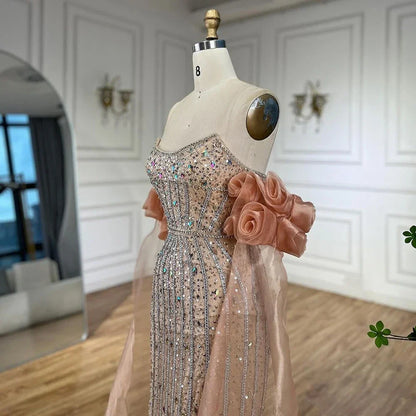 Luxury Pink Beaded Mermaid Evening Dress with Puff Sleeves LA72569