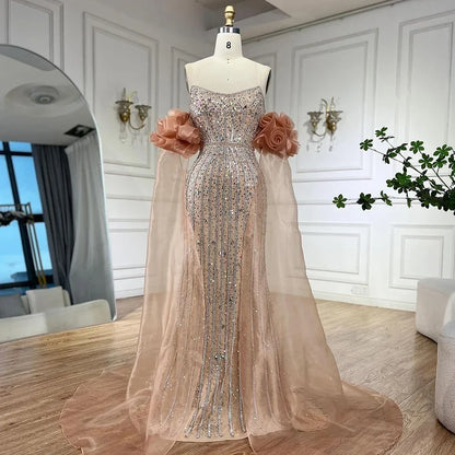 Luxury Pink Beaded Mermaid Evening Dress with Puff Sleeves LA72569