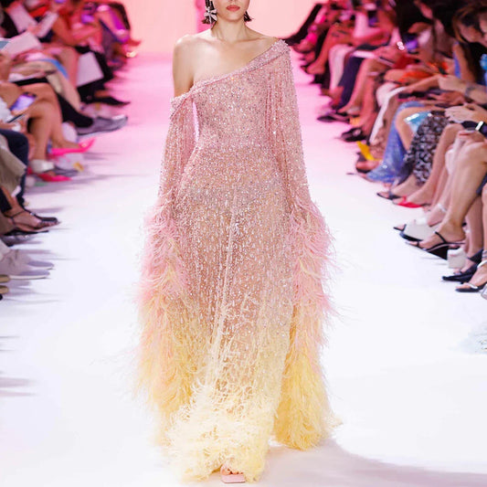 Luxury Feather One Shoulder Evening Dress with Cape Sleeves LA72763