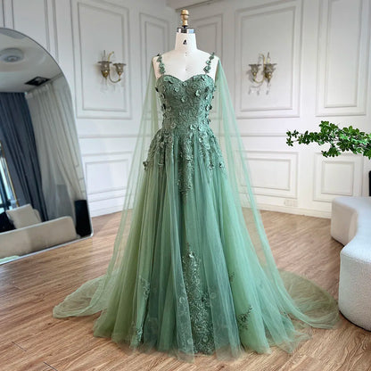 Serene Hill 2025 Arabic Sage Green Spaghetti Strap Lace-Up Bow A-Line Appliques Prom Dress for Women Wedding Party LA72642