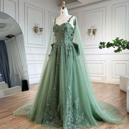 Serene Hill 2025 Arabic Sage Green Spaghetti Strap Lace-Up Bow A-Line Appliques Prom Dress for Women Wedding Party LA72642