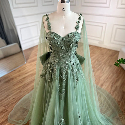 Serene Hill 2025 Arabic Sage Green Spaghetti Strap Lace-Up Bow A-Line Appliques Prom Dress for Women Wedding Party LA72642