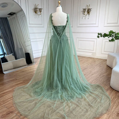 Serene Hill 2025 Arabic Sage Green Spaghetti Strap Lace-Up Bow A-Line Appliques Prom Dress for Women Wedding Party LA72642