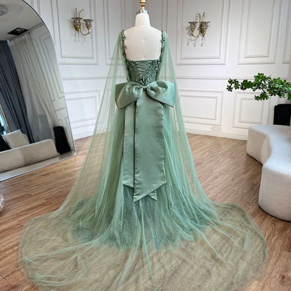 Serene Hill 2025 Arabic Sage Green Spaghetti Strap Lace-Up Bow A-Line Appliques Prom Dress for Women Wedding Party LA72642