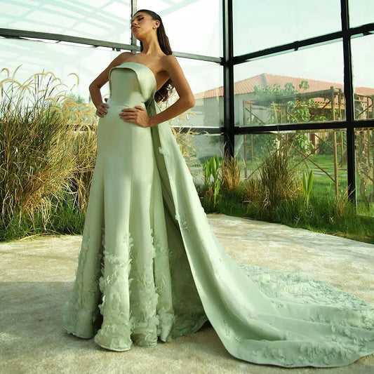 Luxury Dubai  Arabic Sage Green Satin A Line Luxury Crystal Appliques Evening Gown for Formal Occasion LA72724