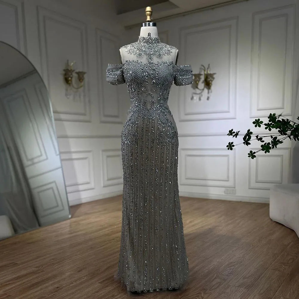 Luxury Silver Nude Crystal Beaded Mermaid Evening Dress LA72411