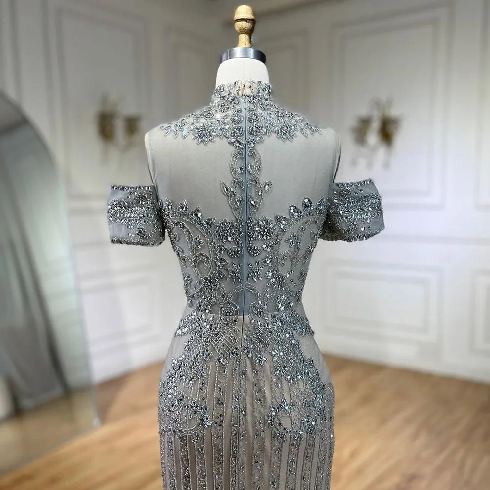 Luxury Silver Nude Crystal Beaded Mermaid Evening Dress LA72411