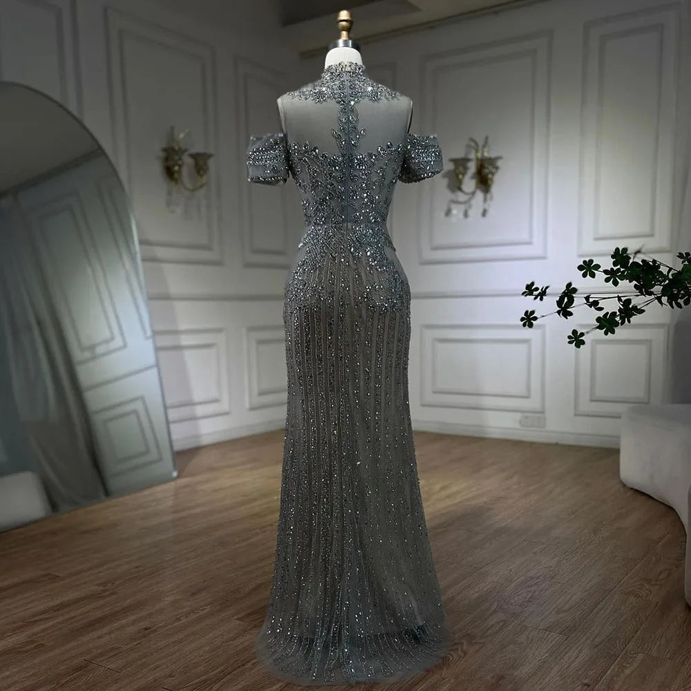 Luxury Silver Nude Crystal Beaded Mermaid Evening Dress LA72411