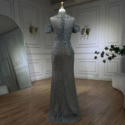 Luxury Silver Nude Crystal Beaded Mermaid Evening Dress LA72411