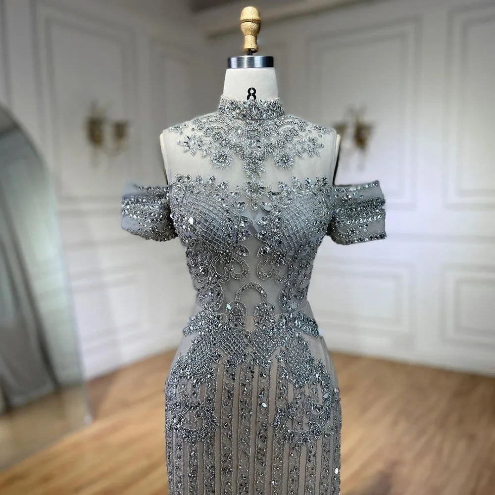Luxury Silver Nude Crystal Beaded Mermaid Evening Dress LA72411