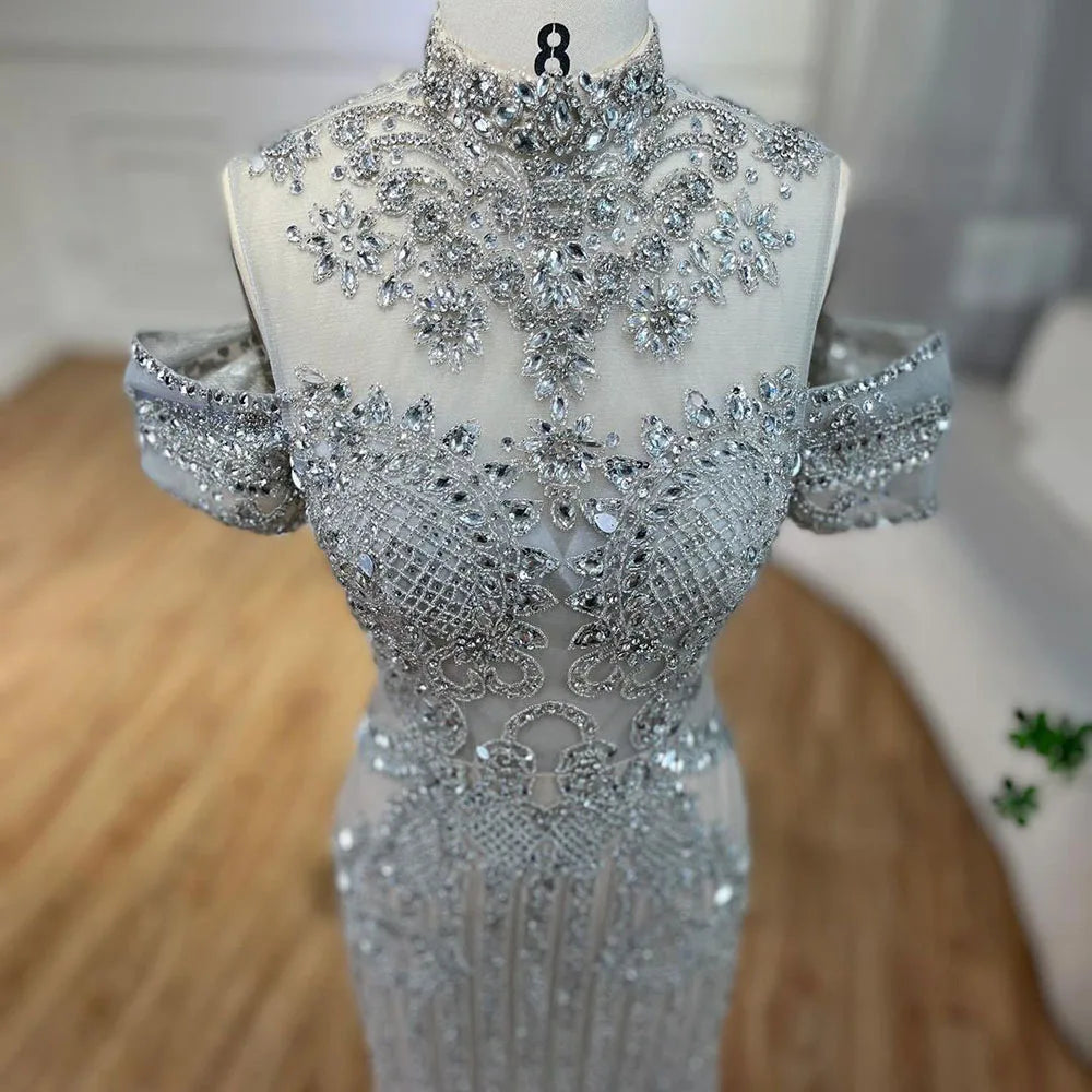 Luxury Silver Nude Crystal Beaded Mermaid Evening Dress LA72411