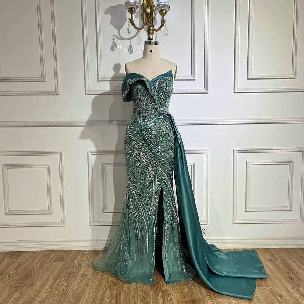 Classy Turquoise Luxury Beaded One-Shoulder Prom Dress LA72335