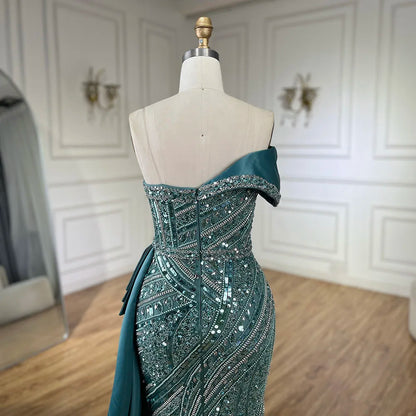 Classy Turquoise Luxury Beaded One-Shoulder Prom Dress LA72335