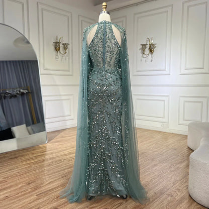 Serene Hill 2025 Arabic Turquoise Cape Sleeve Mermaid Beaded Luxury Dubai Evening Dresses Gowns For Women Wedding Party LA72652
