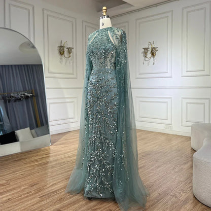 Serene Hill 2025 Arabic Turquoise Cape Sleeve Mermaid Beaded Luxury Dubai Evening Dresses Gowns For Women Wedding Party LA72652