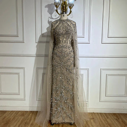 Serene Hill 2025 Arabic Turquoise Cape Sleeve Mermaid Beaded Luxury Dubai Evening Dresses Gowns For Women Wedding Party LA72652