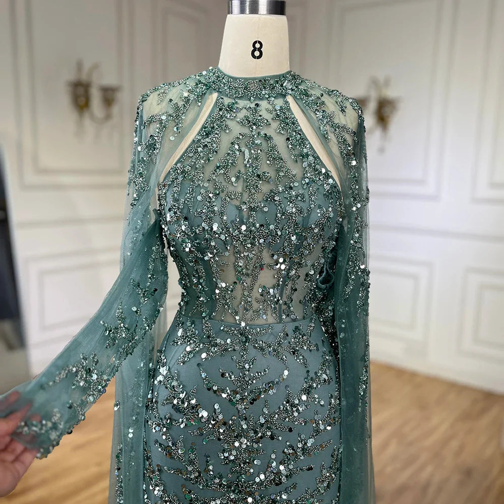 Serene Hill 2025 Arabic Turquoise Cape Sleeve Mermaid Beaded Luxury Dubai Evening Dresses Gowns For Women Wedding Party LA72652