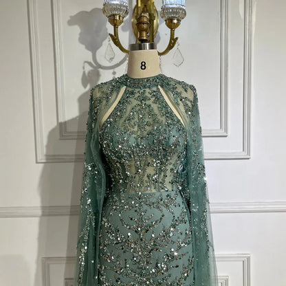 Serene Hill 2025 Arabic Turquoise Cape Sleeve Mermaid Beaded Luxury Dubai Evening Dresses Gowns For Women Wedding Party LA72652
