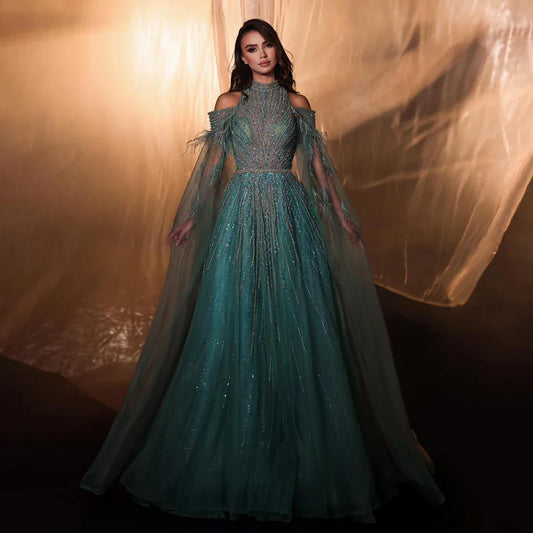 Serene Hill 2025 Arabic Turquoise Cape Sleeves A-Line Beaded Feathers Long Evening Gowns for Women Wedding Party LA72644