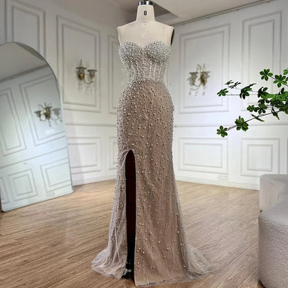 Serene Hill  Arabic White Nude Mermaid Gown Pearls Beading High Split Luxury Dubai Evening Dress for Women's Party LA72544