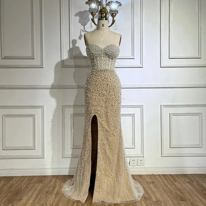 Serene Hill  Arabic White Nude Mermaid Gown Pearls Beading High Split Luxury Dubai Evening Dress for Women's Party LA72544