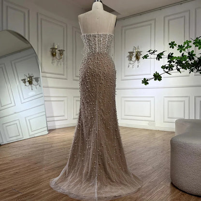 Serene Hill  Arabic White Nude Mermaid Gown Pearls Beading High Split Luxury Dubai Evening Dress for Women's Party LA72544