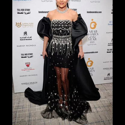Luxury Beaded Tassel Black Evening Dress with Straps Cape LA72002