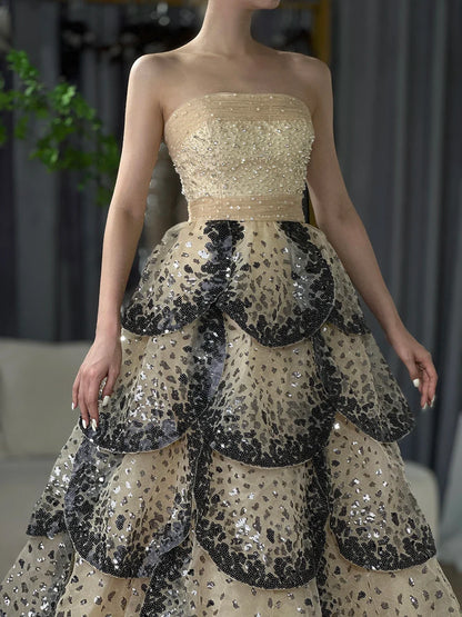 Luxury Dubai  Black Nude Luxury Saudi Evening Dresses with Sparkly Sequin Tiered Ruffles for Formal Gowns LA72505A