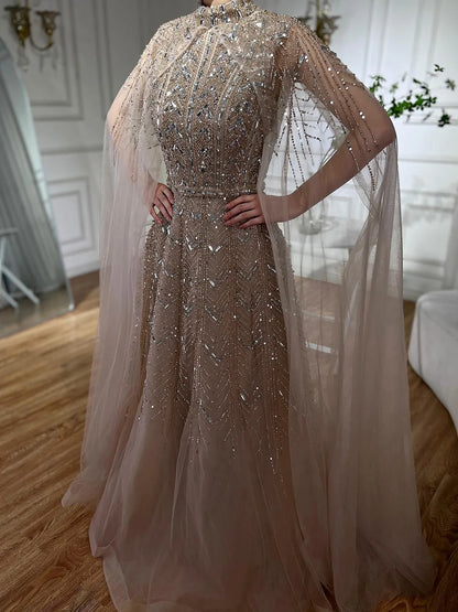 Luxury Beaded Design A-Line Blue Saudi Arabic Evening Dresses Gowns with Cape Sleeves for Formal Occasion LA72728