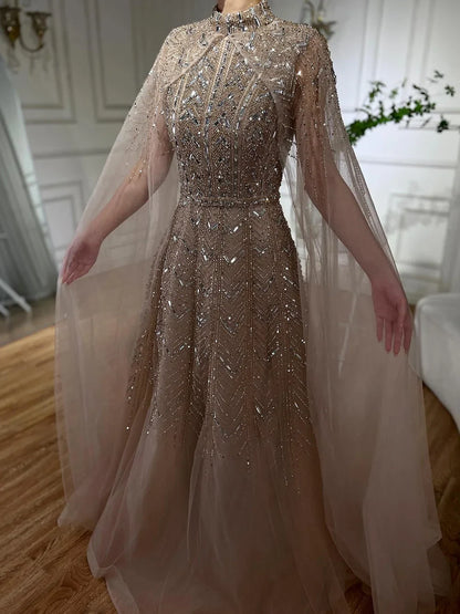 Luxury Beaded Design A-Line Blue Saudi Arabic Evening Dresses Gowns with Cape Sleeves for Formal Occasion LA72728