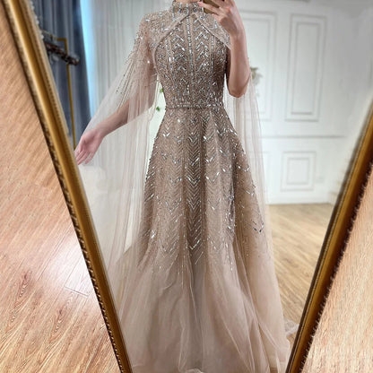 Luxury Beaded Design A-Line Blue Saudi Arabic Evening Dresses Gowns with Cape Sleeves for Formal Occasion LA72728