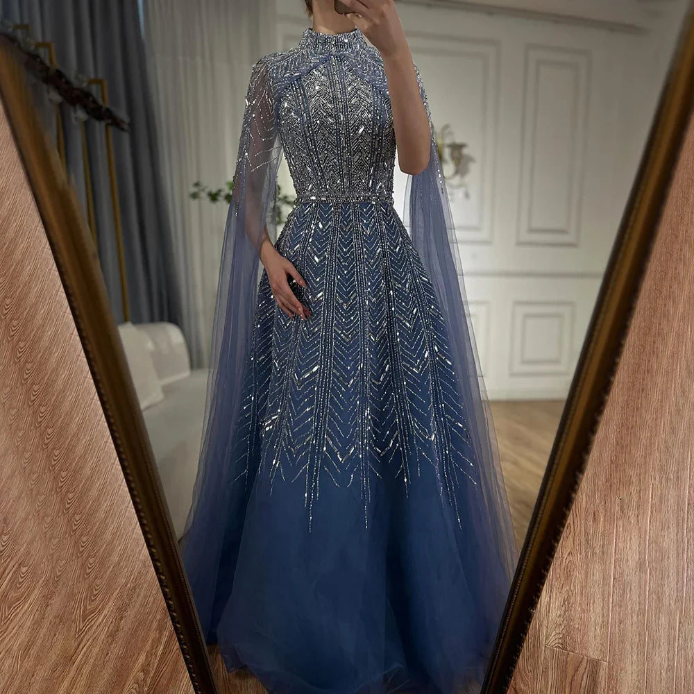 Luxury Beaded Design A-Line Blue Saudi Arabic Evening Dresses Gowns with Cape Sleeves for Formal Occasion LA72728