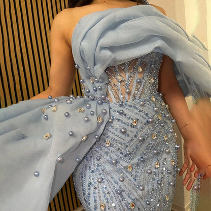 Luxury One Shoulder Blue Evening Dress with Overskirt LA72244A