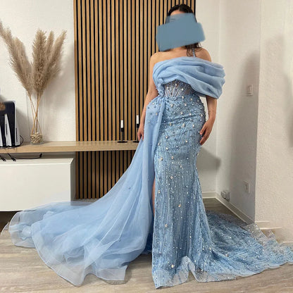 Luxury One Shoulder Blue Evening Dress with Overskirt LA72244A