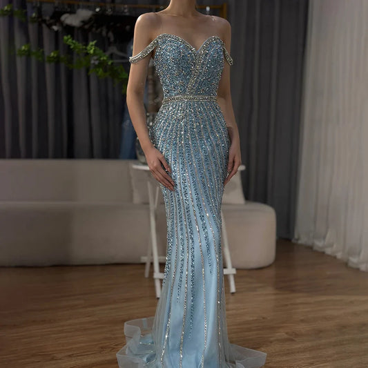 Luxury Dubai  Blue Prom Mermaid Gown Beaded Luxury Saudi Evening Dress for Formal Occasion LA72715A