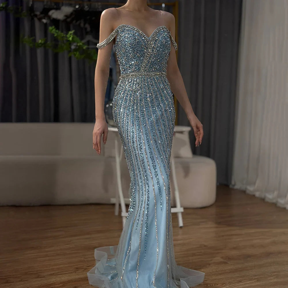 Luxury Dubai  Blue Prom Mermaid Gown Beaded Luxury Saudi Evening Dress for Formal Occasion LA72715A