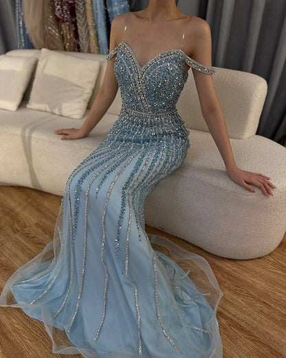 Luxury Dubai  Blue Prom Mermaid Gown Beaded Luxury Saudi Evening Dress for Formal Occasion LA72715A