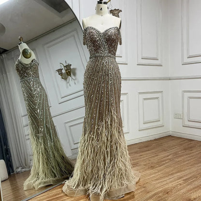 Luxury Dubai  Caramel Spaghetti Strap Mermaid Gown Feathers Beaded Luxury Saudi Evening Dress for Formal Occasion LA72715