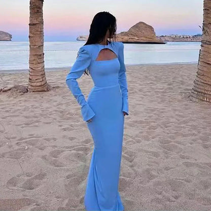 Luxury Dubai Blue Satin Mermaid Evening Dress Lace-Up Back LA72416