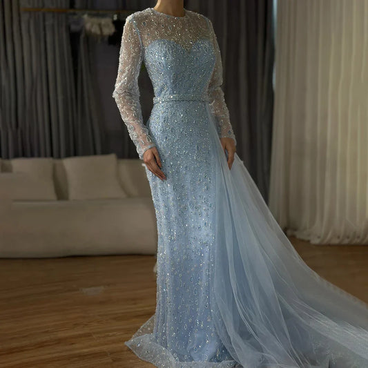 Luxury Dubai  Elegant Blue Saudi Arabic Evening Gown with Beaded Side Overskirt Dress for Formal Occasion LA72734