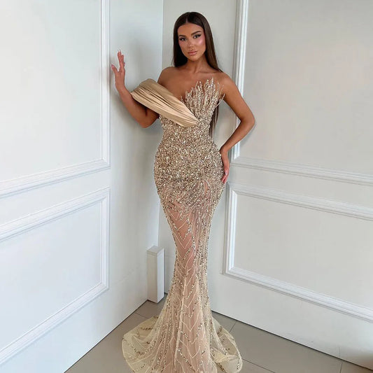 Luxury Dubai  Elegant Caramel  One Shoulder Saudi Arabic Evening Gown with Beaded Dress for Formal Occasion LA72577