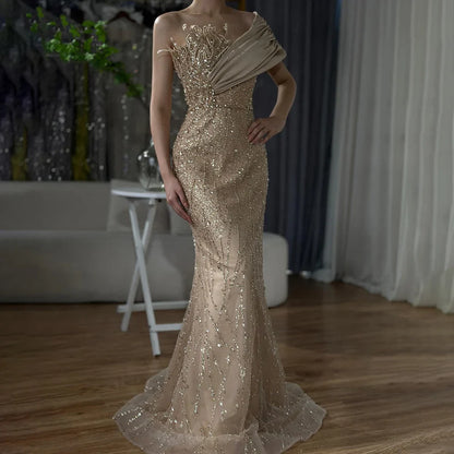 Luxury Dubai  Elegant Caramel  One Shoulder Saudi Arabic Evening Gown with Beaded Dress for Formal Occasion LA72577
