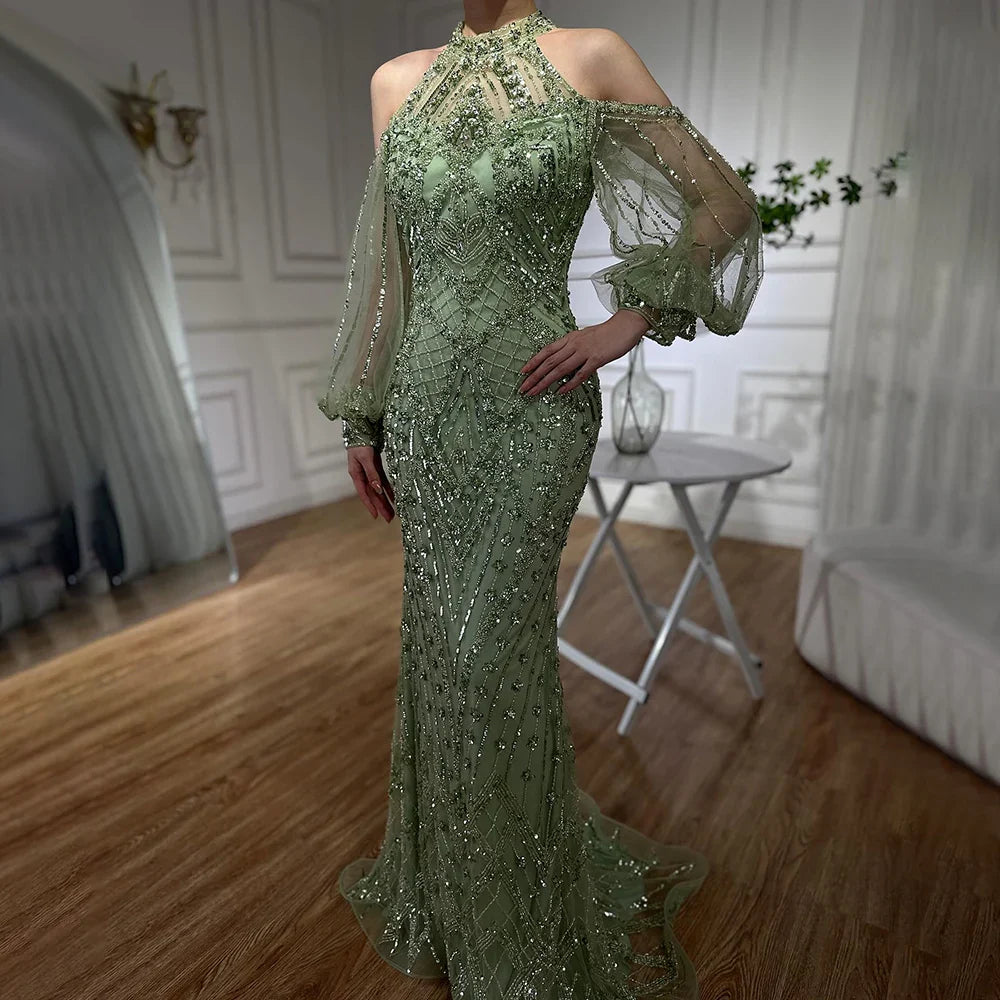 Elegant Sage Green Halter Neck Beaded Evening Dress LA72737