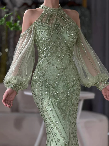 Elegant Sage Green Halter Neck Beaded Evening Dress LA72737